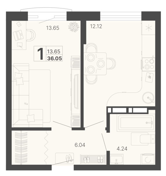 1-комнатная квартира №160 36,05 м2 от застройщика ГК ТОЧНО