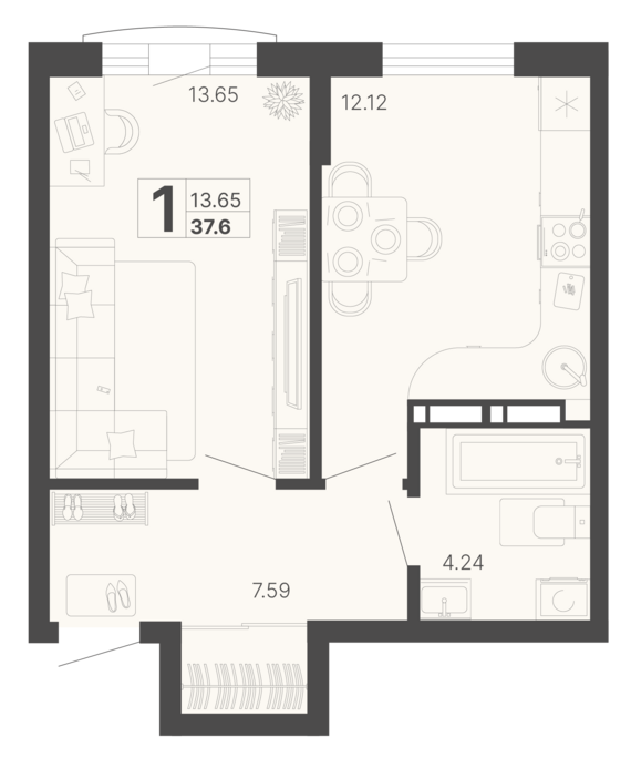 1-комнатная квартира №167 37,6 м2 от застройщика ГК ТОЧНО