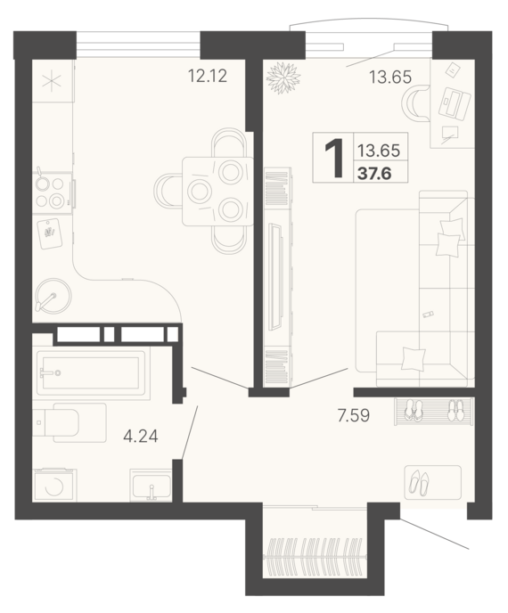 1-комнатная квартира №328 37,6 м2 от застройщика ГК ТОЧНО