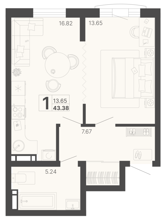 1-комнатная квартира №349 43,38 м2 от застройщика ГК ТОЧНО