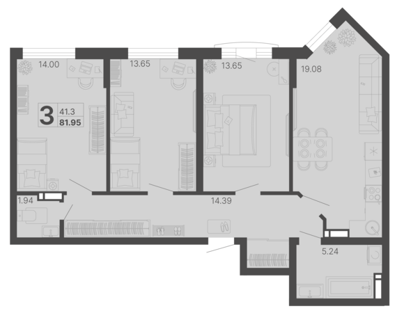 3-комнатная квартира №333 81,95 м2 от застройщика ГК ТОЧНО