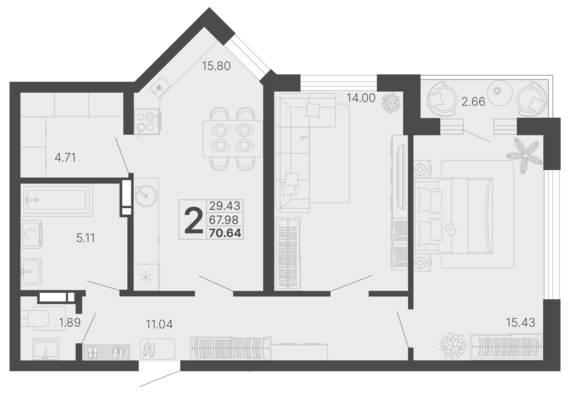 2-комнатная квартира №395 69,31 м2 от застройщика ГК ТОЧНО