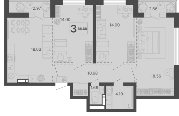 3-комнатная квартира №41 83,87 м2 от застройщика ГК ТОЧНО