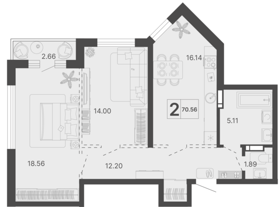 2-комнатная квартира №46 69,23 м2 от застройщика ГК ТОЧНО