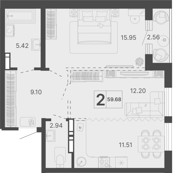 2-комнатная квартира №47 58,4 м2 от застройщика ГК ТОЧНО