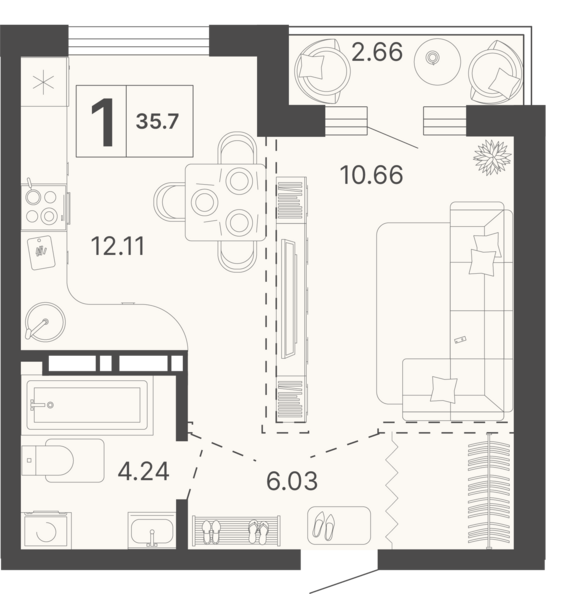 1-комнатная квартира №52 34,37 м2 от застройщика ГК ТОЧНО