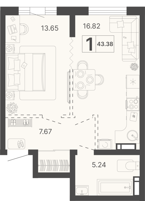 1-комнатная квартира №140 43,38 м2 от застройщика ГК ТОЧНО