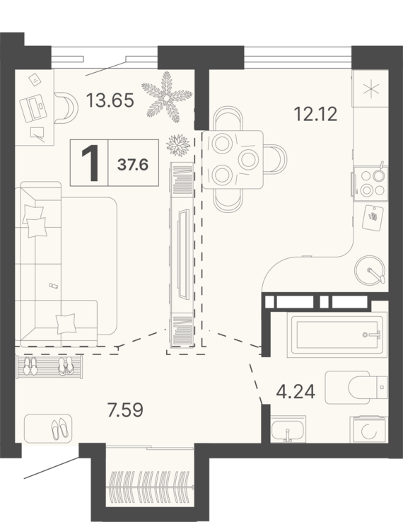 1-комнатная квартира №143 37,6 м2 от застройщика ГК ТОЧНО