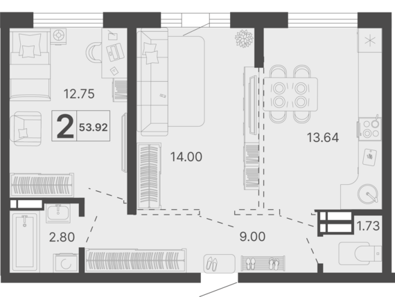 2-комнатная квартира №145 53,92 м2 от застройщика ГК ТОЧНО