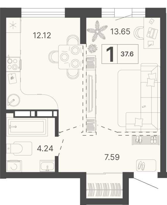 1-комнатная квартира №105 37,6 м2 от застройщика ГК ТОЧНО
