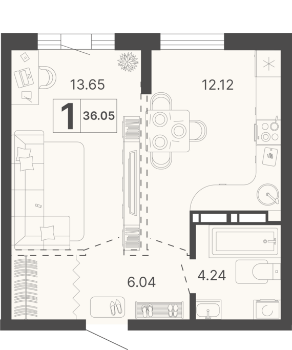 1-комнатная квартира №130 36,05 м2 от застройщика ГК ТОЧНО