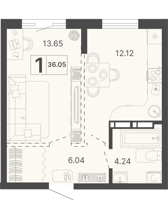 1-комнатная квартира №239 36,05 м2 от застройщика ГК ТОЧНО
