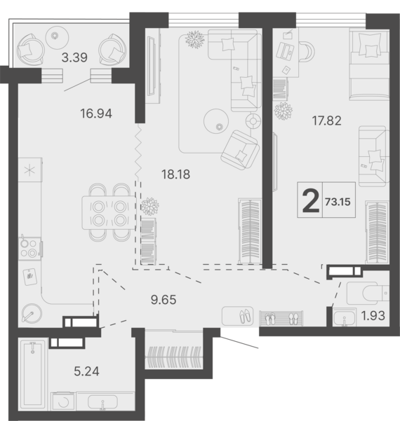 2-комнатная квартира №256 71,46 м2 от застройщика ГК ТОЧНО