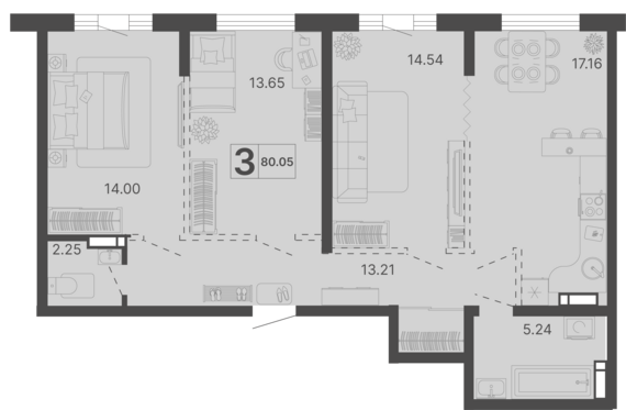 3-комнатная квартира №258 80,05 м2 от застройщика ГК ТОЧНО