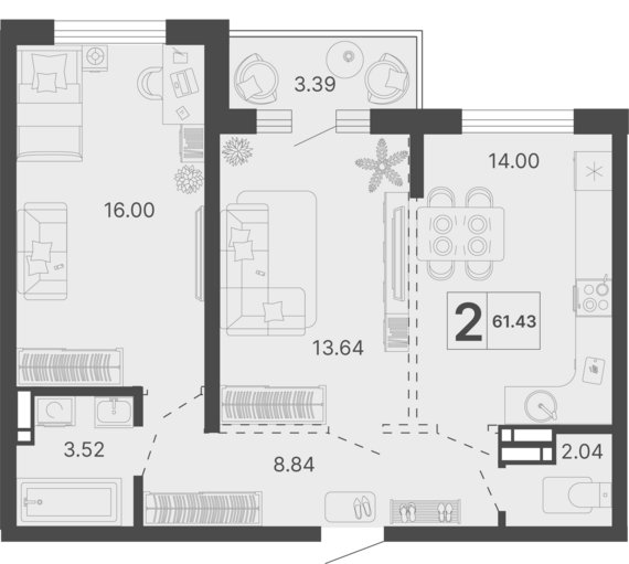 2-комнатная квартира №152 59,74 м2 от застройщика ГК ТОЧНО