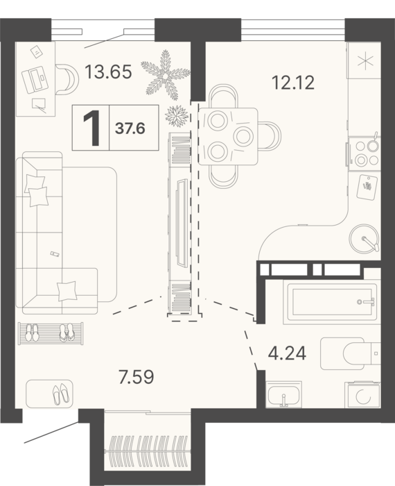 1-комнатная квартира №178 37,6 м2 от застройщика ГК ТОЧНО