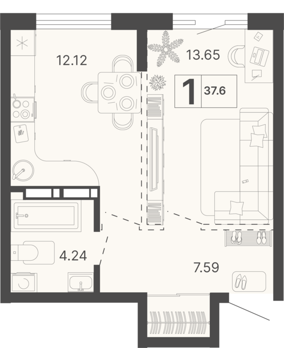 1-комнатная квартира №161 37,6 м2 от застройщика ГК ТОЧНО