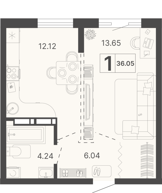 1-комнатная квартира №191 36,05 м2 от застройщика ГК ТОЧНО