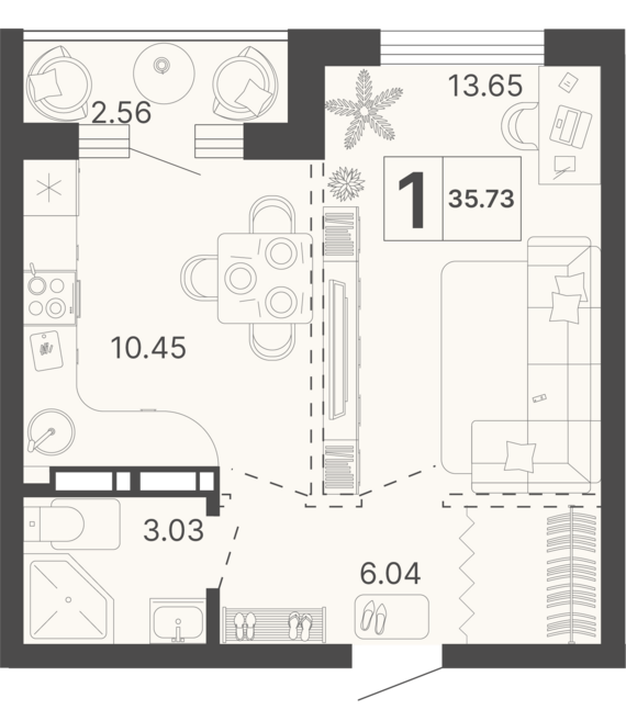 1-комнатная квартира №359 34,45 м2 от застройщика ГК ТОЧНО