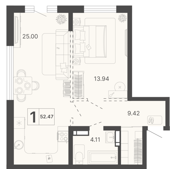 1-комнатная квартира №363 52,47 м2 от застройщика ГК ТОЧНО