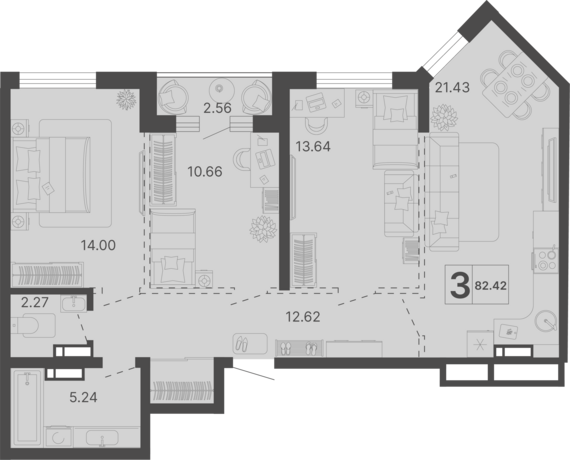 3-комнатная квартира №377 81,14 м2 от застройщика ГК ТОЧНО
