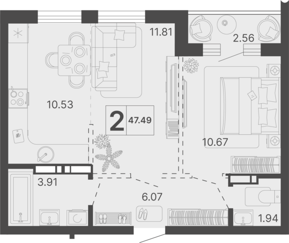 2-комнатная квартира №262 46,21 м2 от застройщика ГК ТОЧНО