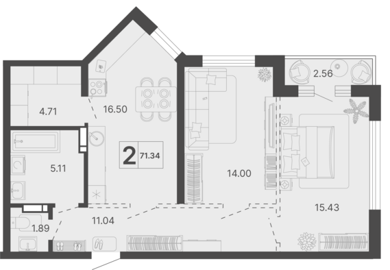 2-комнатная квартира №266 70,01 м2 от застройщика ГК ТОЧНО