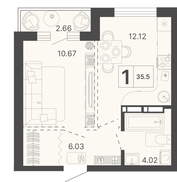 1-комнатная квартира №309 34,17 м2 от застройщика ГК ТОЧНО