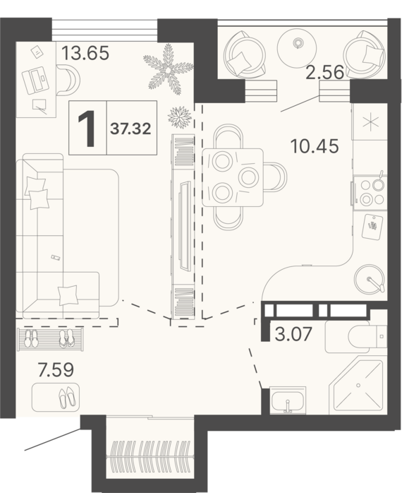 1-комнатная квартира №328 36,04 м2 от застройщика ГК ТОЧНО