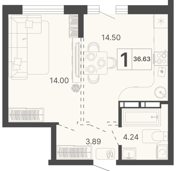 1-комнатная квартира №276 36,63 м2 от застройщика ГК ТОЧНО