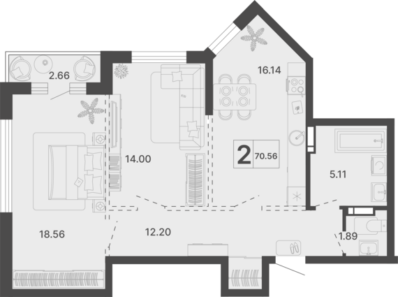 2-комнатная квартира №98 70,56 м2 от застройщика ГК ТОЧНО