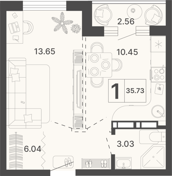 1-комнатная квартира №6 35,73 м2 от застройщика ГК ТОЧНО