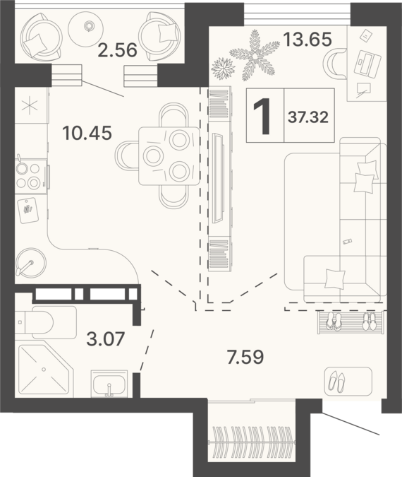 1-комнатная квартира №45 37,32 м2 от застройщика ГК ТОЧНО