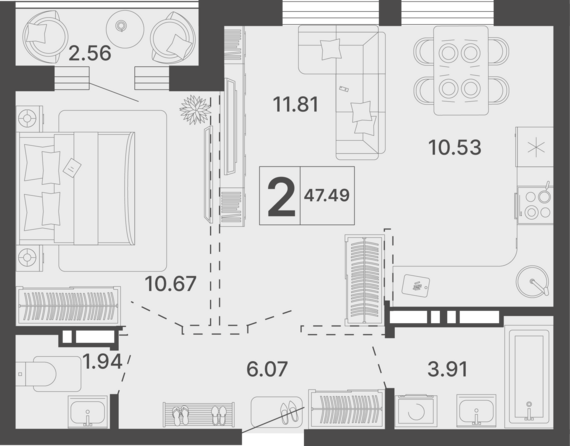 2-комнатная квартира №15 47,49 м2 от застройщика ГК ТОЧНО