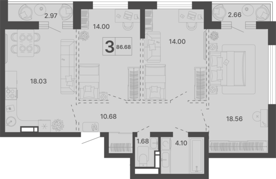 3-комнатная квартира №17 86,68 м2 от застройщика ГК ТОЧНО