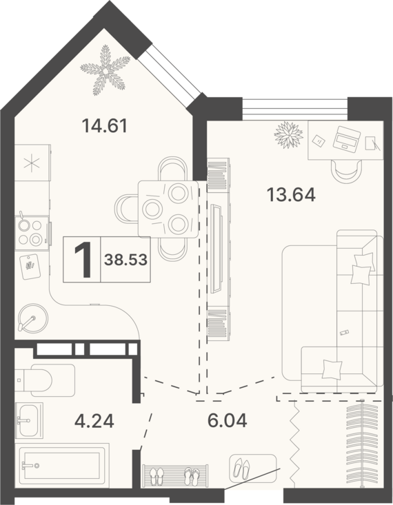 1-комнатная квартира №75 38,53 м2 от застройщика ГК ТОЧНО
