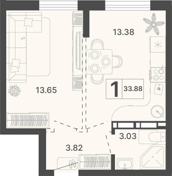 1-комнатная квартира №241 33,88 м2 от застройщика ГК ТОЧНО
