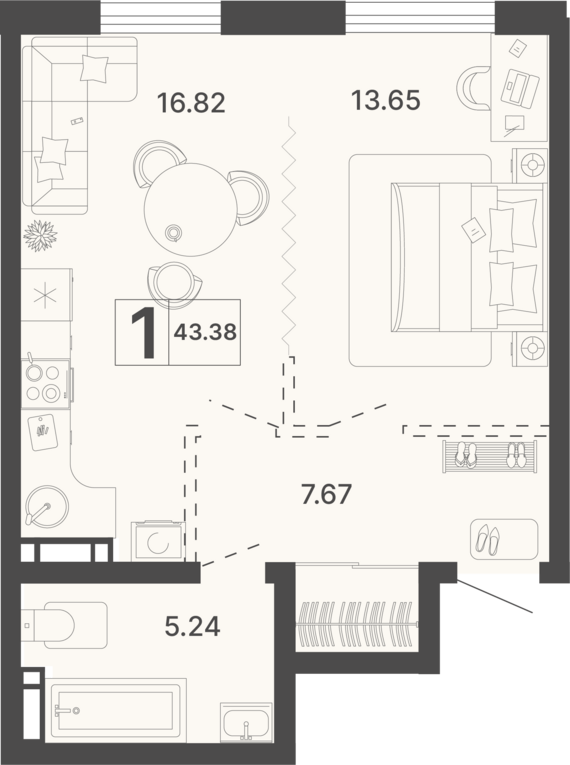 1-комнатная квартира №243 43,38 м2 от застройщика ГК ТОЧНО