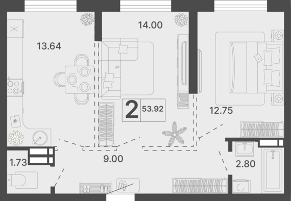 2-комнатная квартира №252 53,92 м2 от застройщика ГК ТОЧНО
