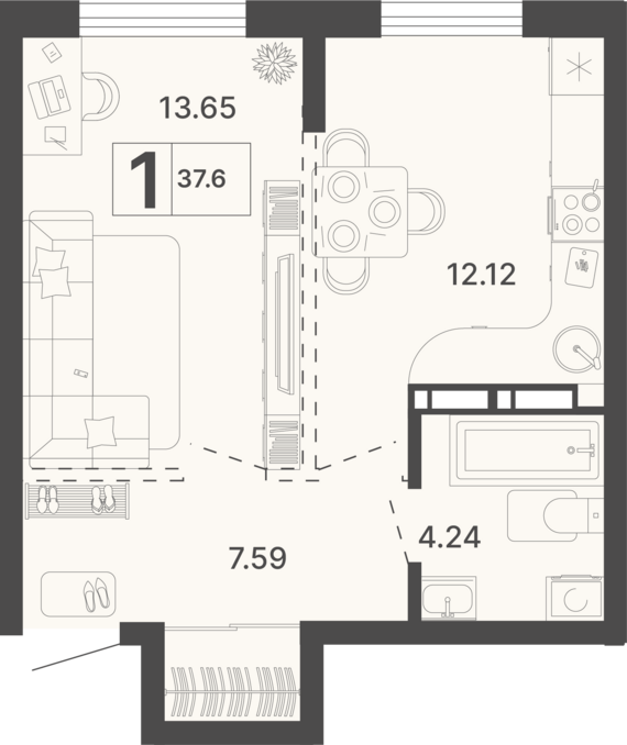 1-комнатная квартира №154 37,6 м2 от застройщика ГК ТОЧНО