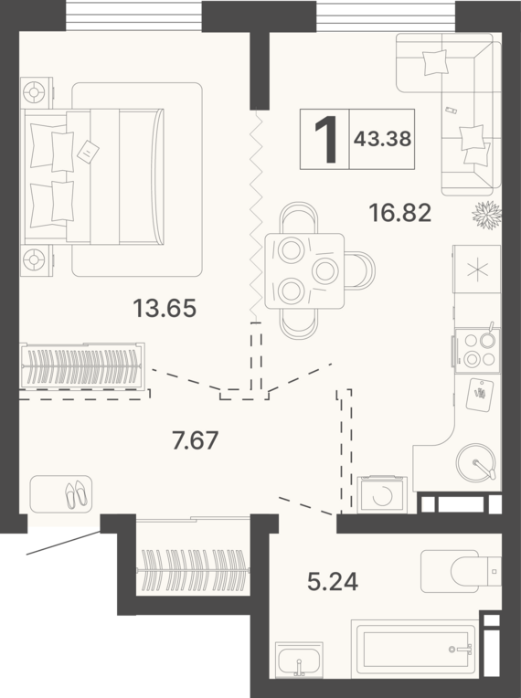 1-комнатная квартира №158 43,38 м2 от застройщика ГК ТОЧНО