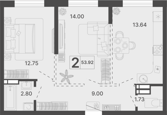 2-комнатная квартира №205 53,92 м2 от застройщика ГК ТОЧНО