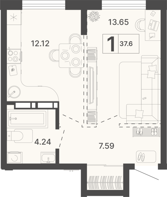 1-комнатная квартира №239 37,6 м2 от застройщика ГК ТОЧНО