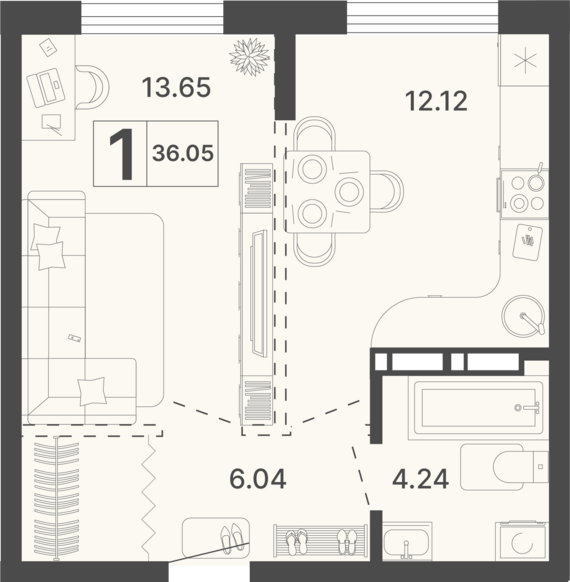 1-комнатная квартира №224 36,05 м2 от застройщика ГК ТОЧНО
