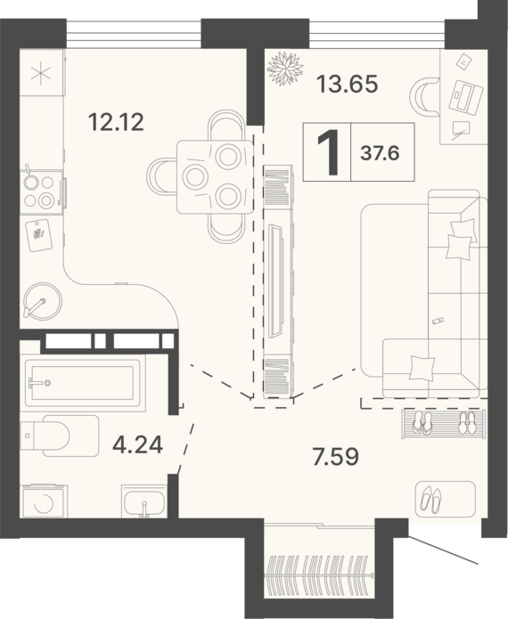 1-комнатная квартира №382 37,6 м2 от застройщика ГК ТОЧНО