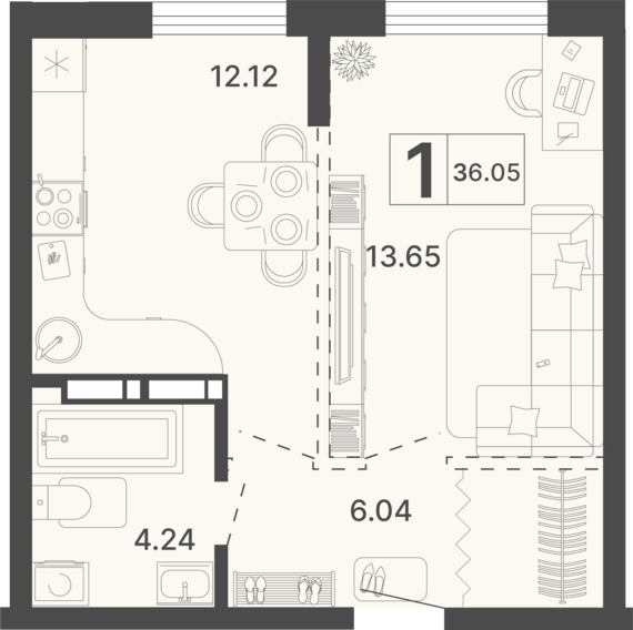 1-комнатная квартира №305 36,05 м2 от застройщика ГК ТОЧНО