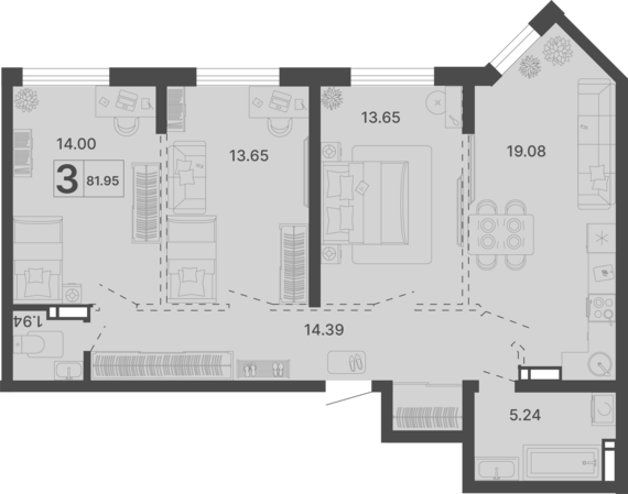 3-комнатная квартира №309 81,95 м2 от застройщика ГК ТОЧНО