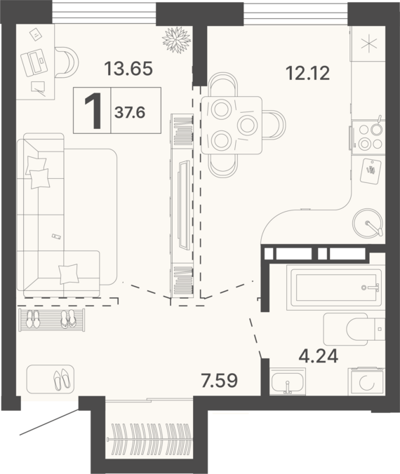 1-комнатная квартира №330 37,6 м2 от застройщика ГК ТОЧНО