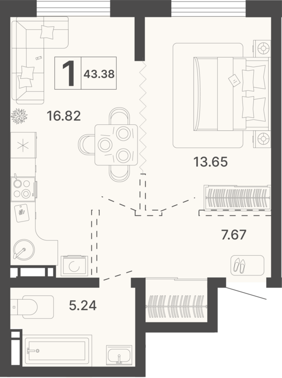 1-комнатная квартира №319 43,38 м2 от застройщика ГК ТОЧНО