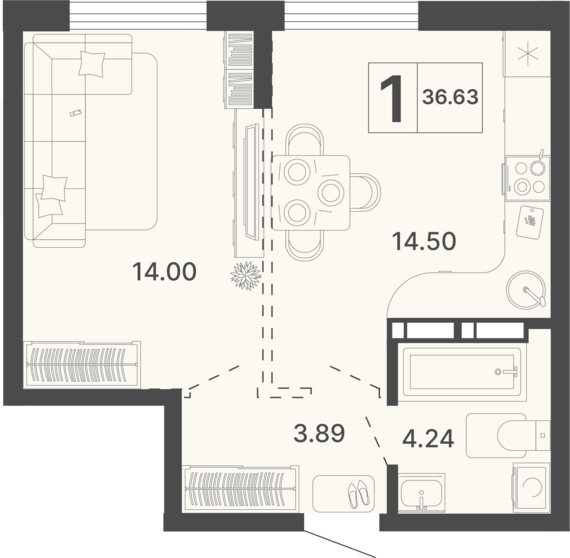 1-комнатная квартира №447 36,63 м2 от застройщика ГК ТОЧНО